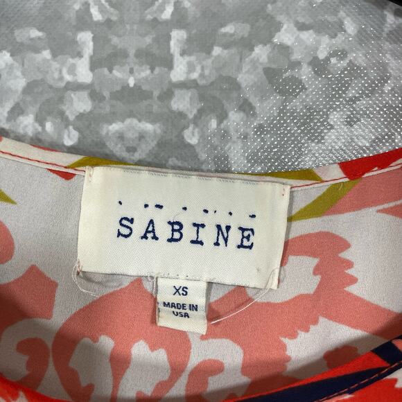 Sabine Coral & Blue Boho Printed 3/4 Sleeve Chiffon Top - Size XS - Scoop Neck - Picture 5 of 7